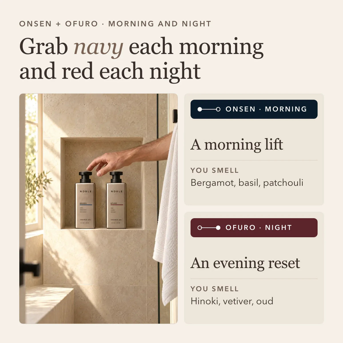 ONSEN + OFURO, morning and night. Grab navy each morning and red each night. An arm reaches for ONSEN in a sunlit travertine niche, OFURO beside it. ONSEN, morning: a morning lift; you smell bergamot, basil, patchouli. OFURO, night: an evening reset; you smell hinoki, vetiver, oud.