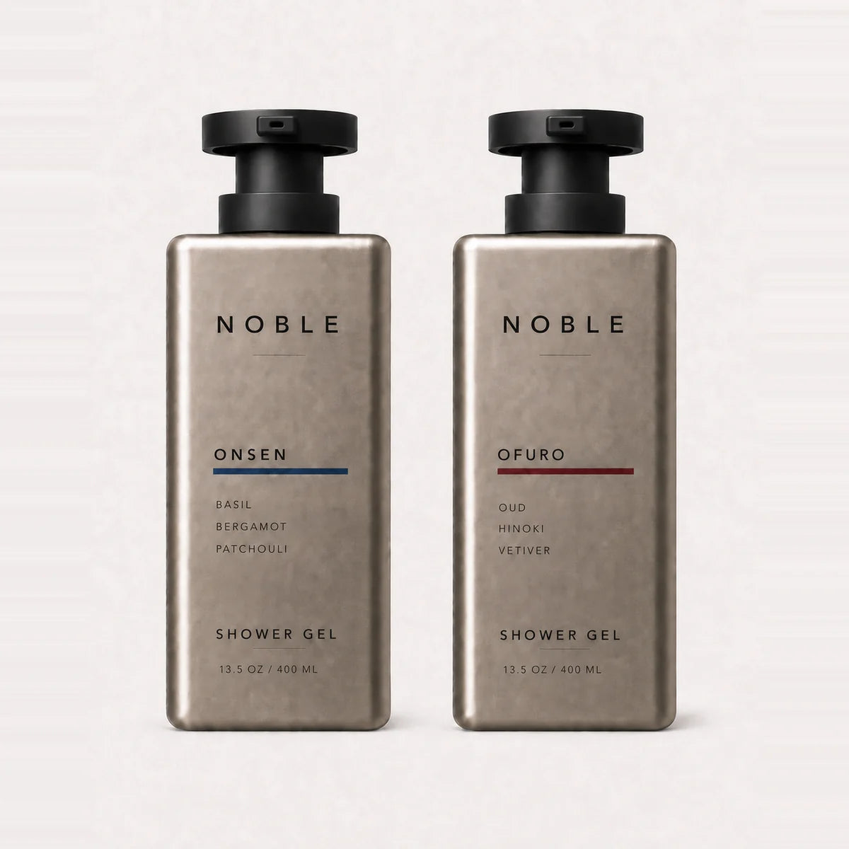 ONSEN and OFURO 13.5 oz brushed-metal bottles with black pumps, side by side